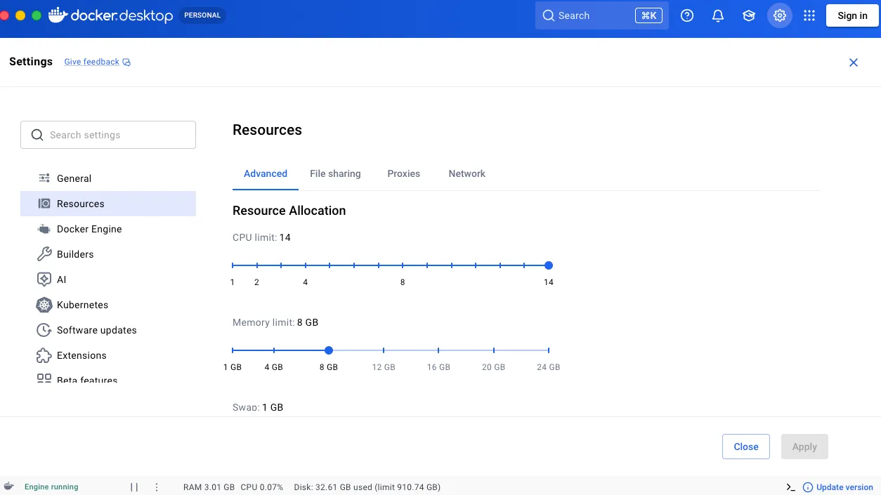Docker Desktop Settings, Resources tab, with the Memory limit slider used to give the backend more memory.